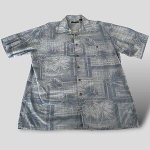 Pierre Cardin Mens L Hawaiian Shirt Blue Tropical Palm Tree Resort Floral Button